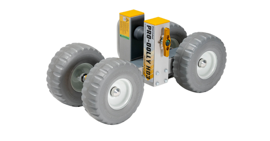 Omni Cubed Pro Dolly HD3 shown angled with 4 tires and adjustable clamp