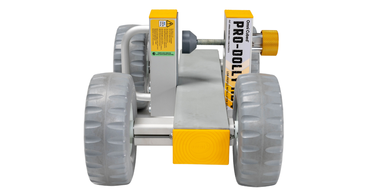 Omni Cubed Pro-Dolly HD4 back view shown with 4 tires and adjustable clamp