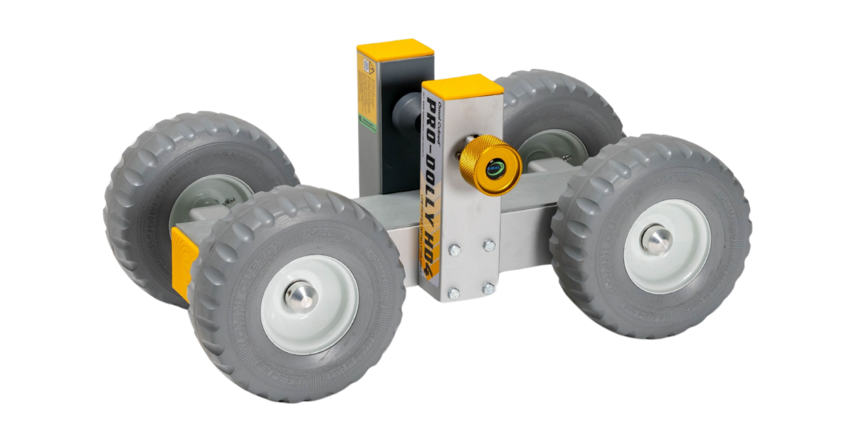 Omni Cubed Pro-Dolly HD4 shown with side view and labeled, 4 tires, and adjustable clamp