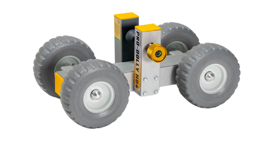 Omni Cubed Pro-Dolly HD4 shown with side view and labeled, 4 tires, and adjustable clamp