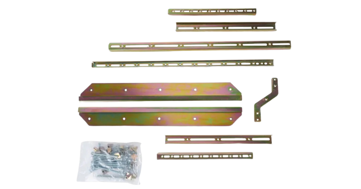 2 Inner and Outer Metal Channel long Set and  2 Short set, 1 Offset  metal Bar,  Wood Screws, assembly bolts, Leveling bolts, caps, and nuts in plastic bag and 2 Metal Side Plates. All parts of PW-114-P Sink Setter kit laid out