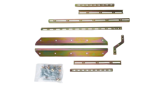 2 Inner and Outer Metal Channel long Set and  2 Short set, 1 Offset  metal Bar,  Wood Screws, assembly bolts, Leveling bolts, caps, and nuts in plastic bag and 2 Metal Side Plates. All parts of PW-114-P Sink Setter kit laid out