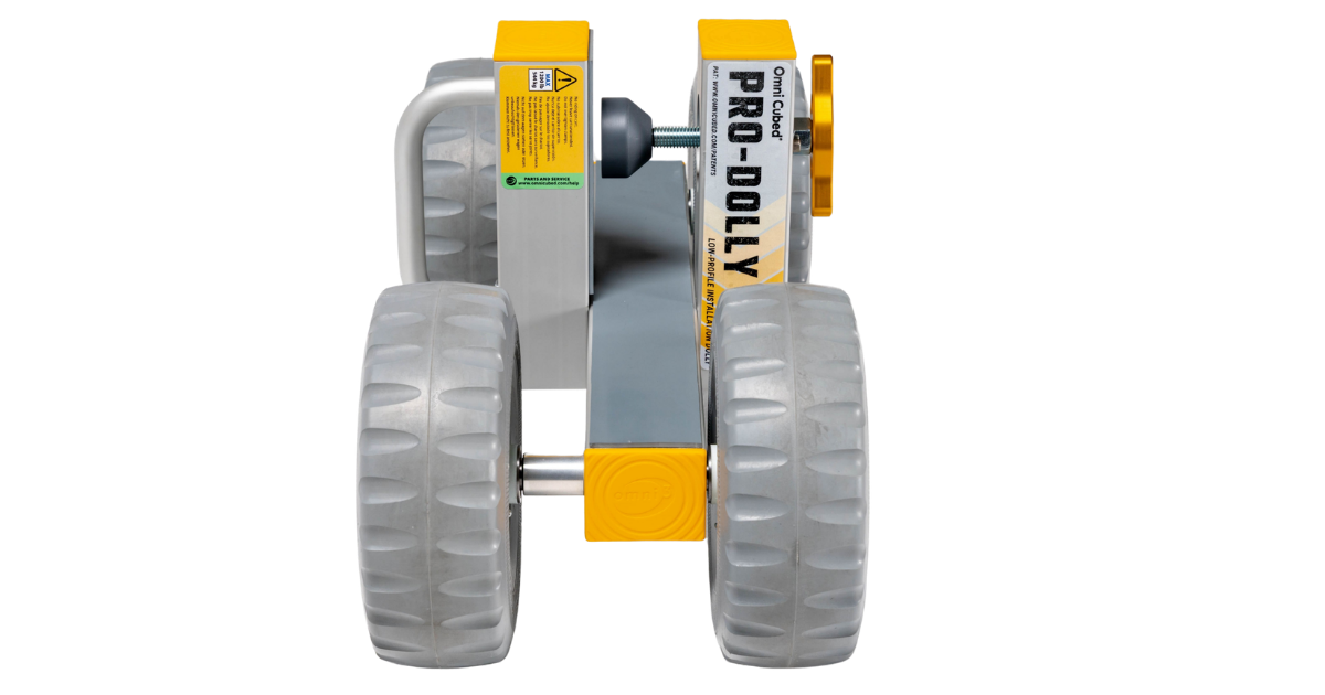 Omni Cubed Pro Dolly HD3 shown from behind with Pro Dolly label and warning showing