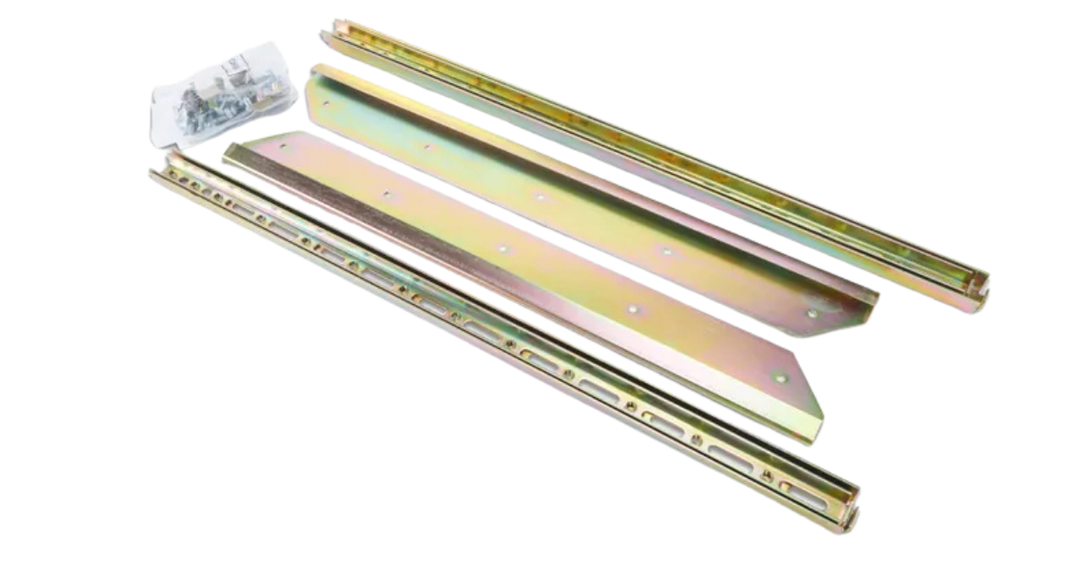 2 Inner and 2 Outer Metal Channels, 2 metal Side Plates. wood screws, Nuts, Leveling bolts and Caps in plastic bag. All parts to Sink Setter 104P layed out
