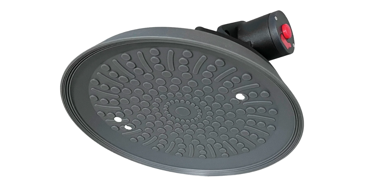 Bottom view TuffCup Titan 8" LED Battery Powered Vacuum Cup - Rubber Gray round suction with circle pattern with red button showing