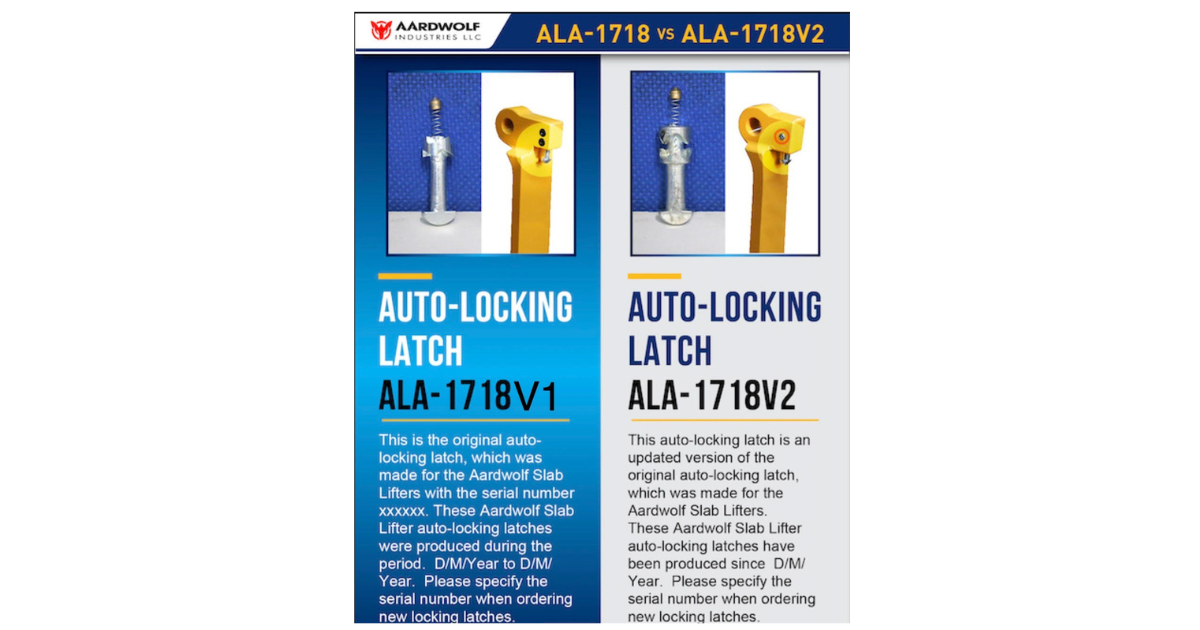 Aardwolf Auto Locking Latch Maintenance Kit for Slab Lifters