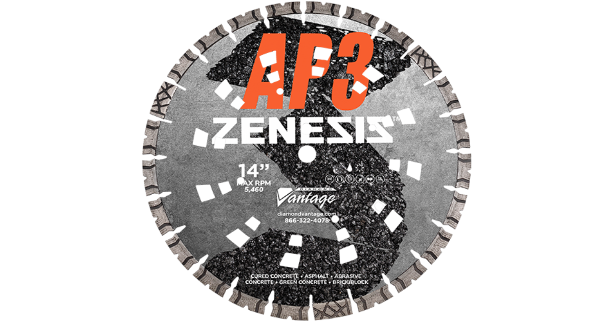 A ZENESIS AP3 All Purpose 14-inch diamond blade for cutting concrete and other construction materials.