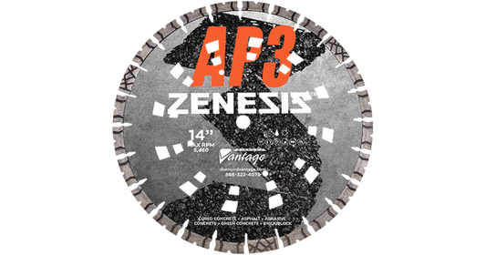 A ZENESIS AP3 All Purpose 14-inch diamond blade for cutting concrete and other construction materials.