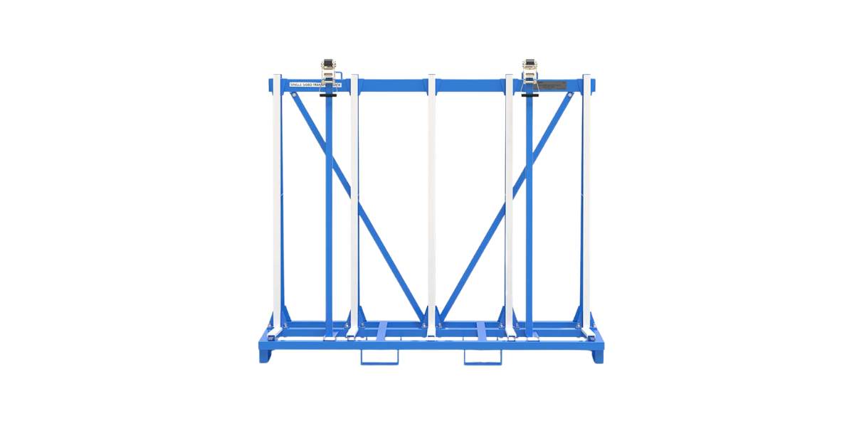 Front view of the Aardwolf ASSTR2000 Single Sided Transport Rack showing white padded support bars