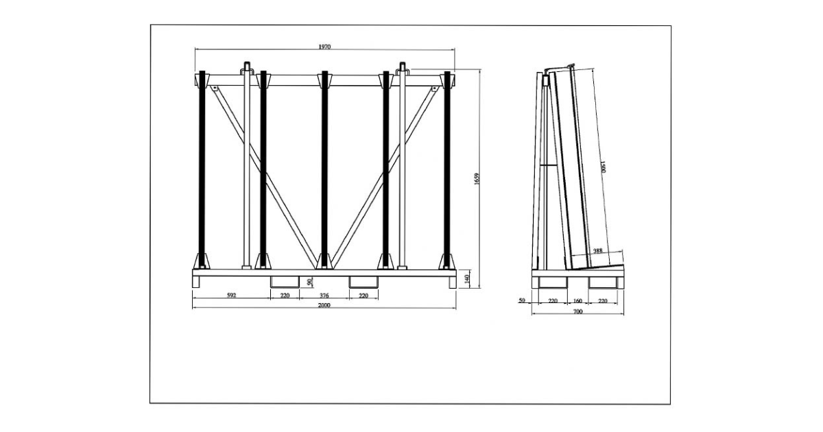 Drawing of the Aardwolf ASSTR2000 Transport rack with measurement specifications