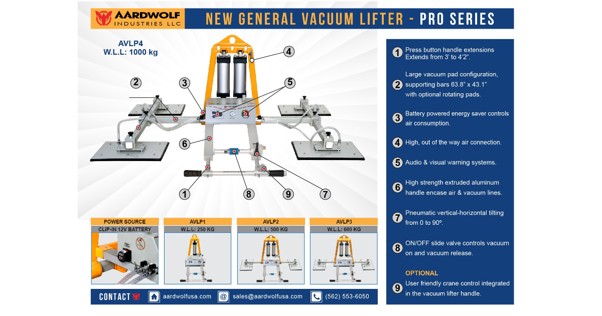 Aardwolf AVLP4 PRO Four Pad 1000kg and 500L Vacuum lifter