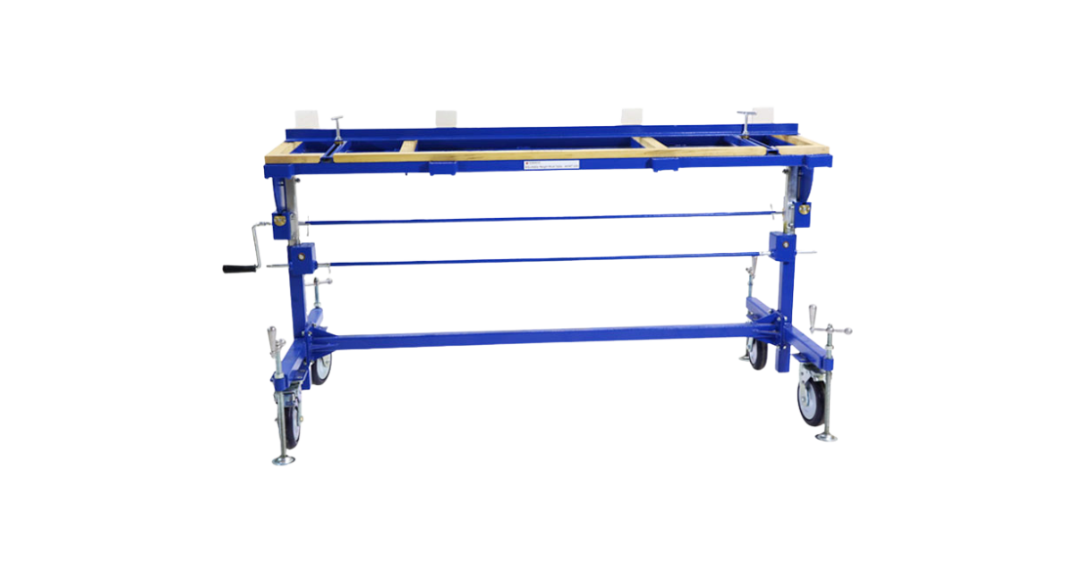 Front view of the Aardwolf Adjustable Height Work Table AHWT910 in the horizontal position with breaks engaged on each wheel