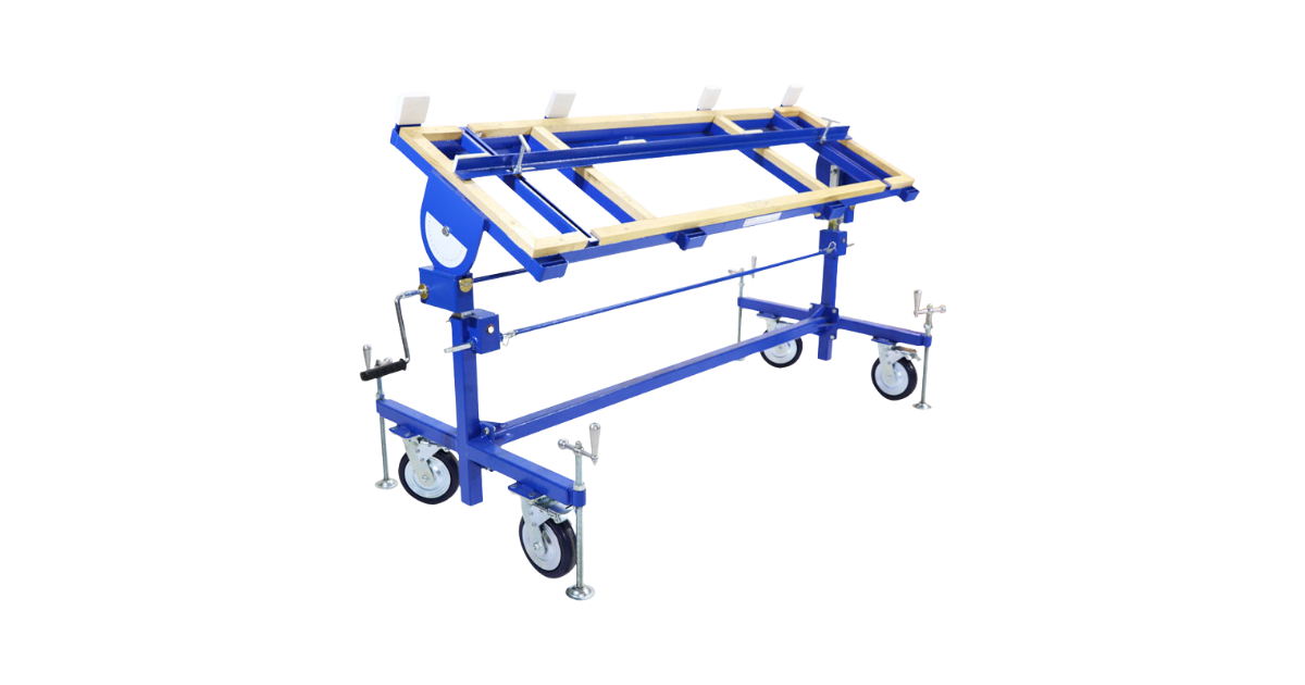 Aardwolf Adjustable Height Work Table AHWT910 in a slightly angled position with breaks engaged on each wheel