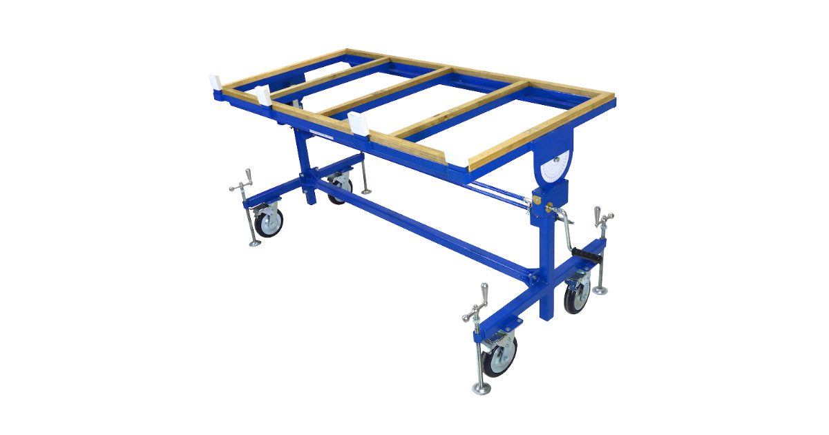 Aardwolf Adjustable Height Work Table AHWT910 in the horizontal position with breaks engaged by each wheel