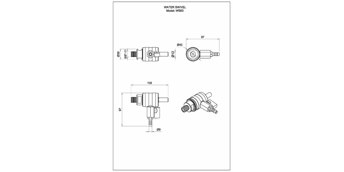 Aardwolf Water Swivel 1/2" shaft to Male 5/8"-11 thread