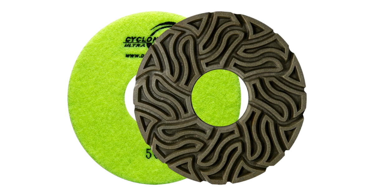 50 Grit Cyclone Ultra polish pad showing the front side and the green velcro back