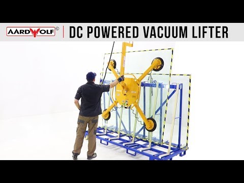 Video of the DC powered vacuum lifter being used by a man to lift a vertical piece of glass from a transport rack