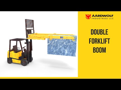  The Aardwolf Double Forklift Boom lifts marble and granite slab bundles from closed top containers. It features two sections of adjustable tube steel connected by a bar for different bundle sizes (12.6" - 50").
