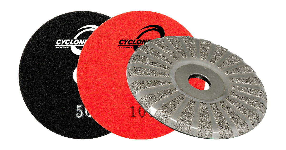 The Diamax Cyclone V2 Grinder is a versatile tool compatible with angle grinders and pneumatic machines, specifically engineered for grinding engineered stone, granite, porcelain, and ultra-compact materials.